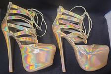 Irredescent Gold Platform Caged Stilettos Size 8 Exotic Dancer 7" READ 