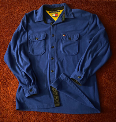 Vintage Tommy Hilfiger Jeans Fleece Button Up Jacket Small Flag Logo Blue medium