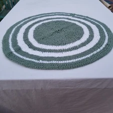 Hand Made Crocheted Accent Rug 30" Round Rag Rug Knitted Sage Green White