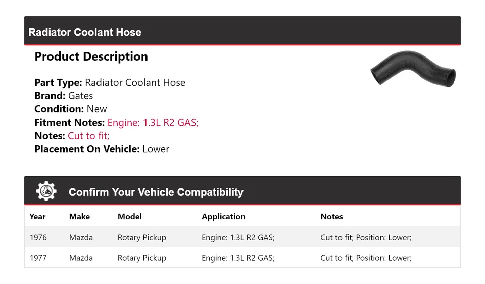 For 1976-1977 Mazda Rotary Pickup 1.3L R2 GAS Radiator Coolant Hose Lower Gates - Image 2 of 4