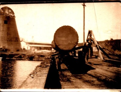 VTG Snapshot Photo Lumberjack, Dumping Log into River, Primitive Cart, Sawmill