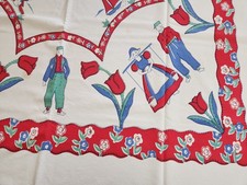 Vintage Cotton Tablecloth Featuring Holland Figures, Tulips, Windmills, Boats.