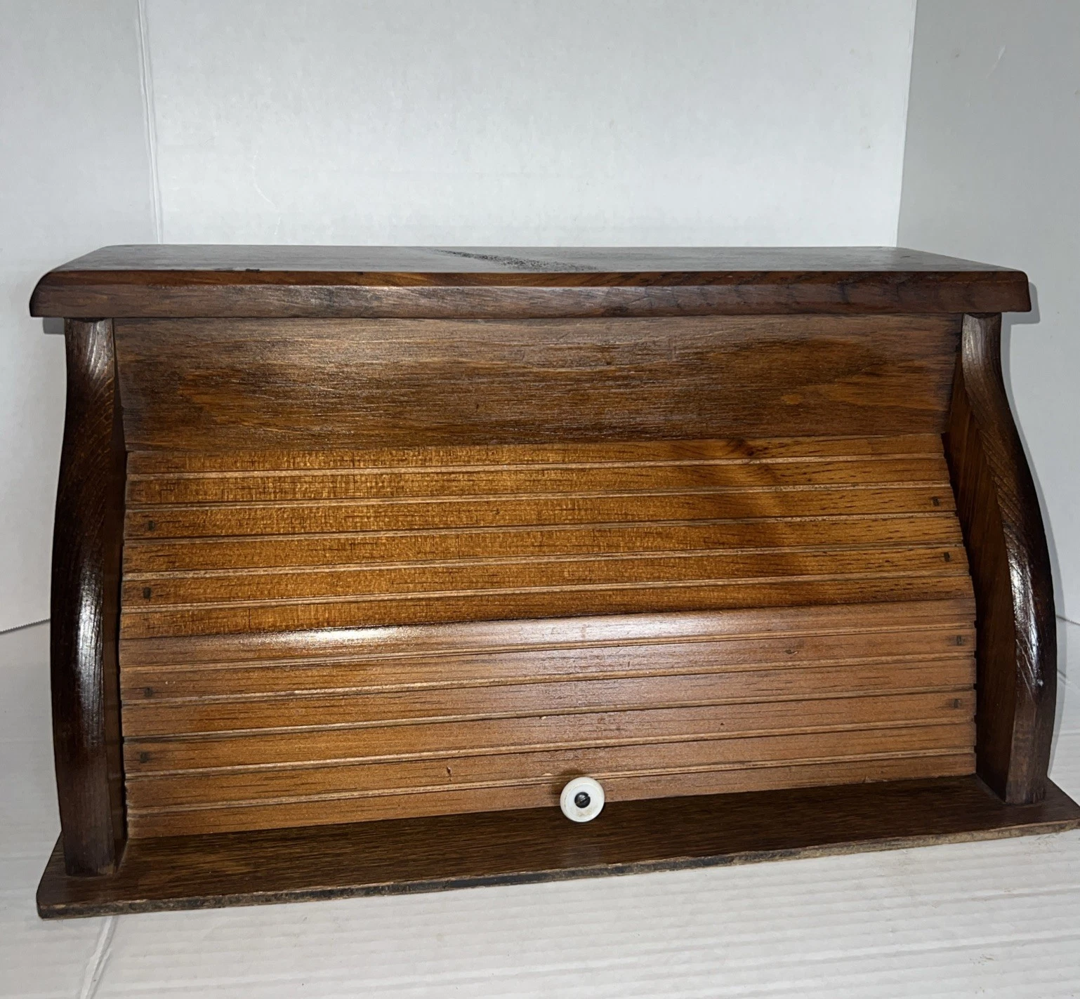 Vintage Wooden Roll Top Bread Box Tambour Door Kitchen Counter Farm Cottagecore