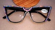 Women  s Rhinestone Cat Eye Reading Glasses 1.50 Black Frame Clear