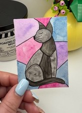 ACEO Original LKZArtCreations Watercolor Stained Glass inspired Black Cat