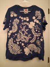 Johnny Was Embroidered Floral Navy Cotton Short Sleeve Women's T-Shirt Size S
