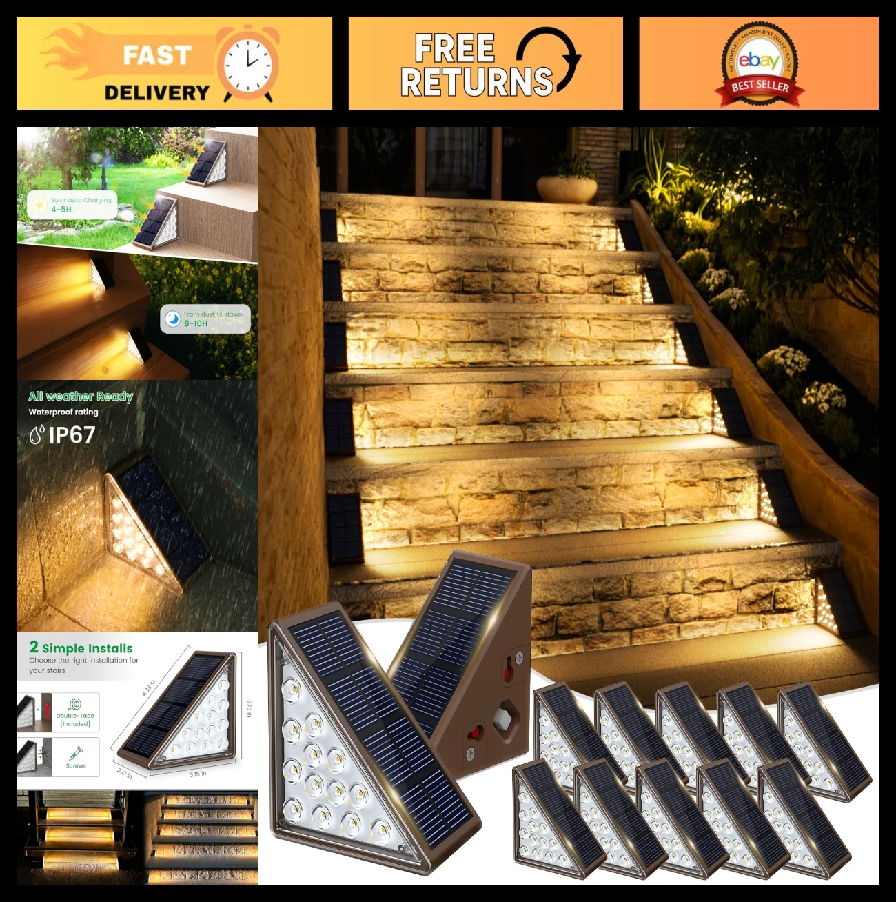 12-Pack Solar Step Lights Outdoor Waterproof IP67, Deck & Stair Lighting Decor