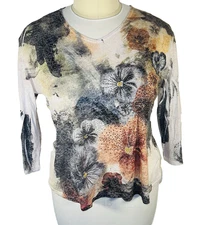 Jess & Jane - Womens 1X Blouse 3/4 Sleeve Burnout Beaded Acid Wash Floral