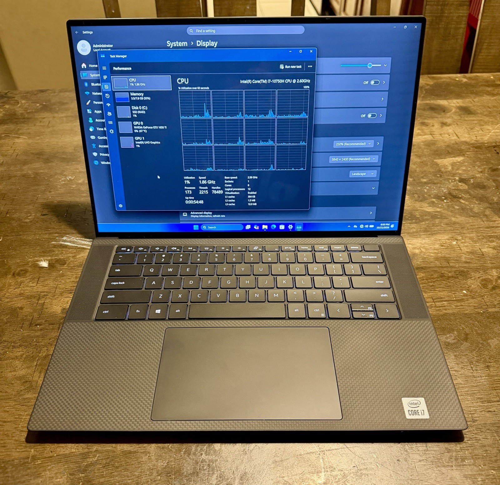 DELL XPS 15 9500 INTEL CORE I7-10750H 8GB DDR4 512GB NVME CAM WIN11P 15 ...