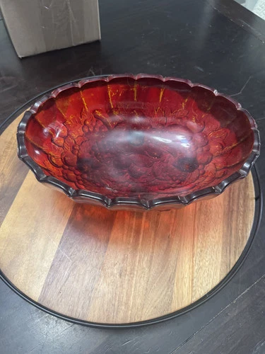 Vintage Indiana Carnival Glass Footed Fruit Bowl Harvest Grape Red Iridescent