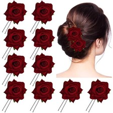 10 Pack Colorful Wedding Bridal Rose Flower Hair Pins U-shaped Floral Hair Red