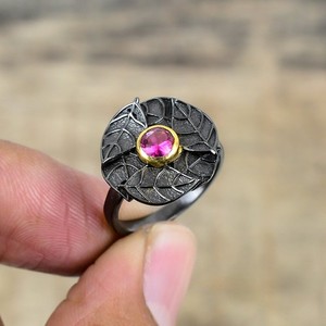 Authentic Pink Rubellite Tourmaline Black And Gold Plated 925 Sterling Silver Ring S.8 R39