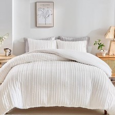 White Boho Duvet Cover Queen Striped Textured Tufted Bedding Set Zipper Closure