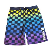 Hurley Boys Board Shorts Size 18/29 Blue Purple Neon Checkerboard Swim Trunks
