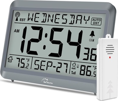WallarGe Atomic Clock With Indoor Outdoor Temperature, Self-Setting Digital Wall