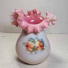 Vintage Fenton White Pink Crest Ruffled Hand Painted Floral Glass Vase 5.5" H
