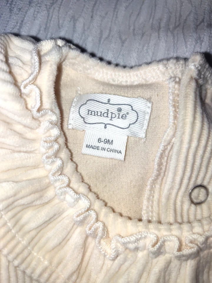 MUD PIE Baby Girls Cream Ribbed Velour Long Sleeve Footed Romper Headband 6-9M - Image 3 of 4