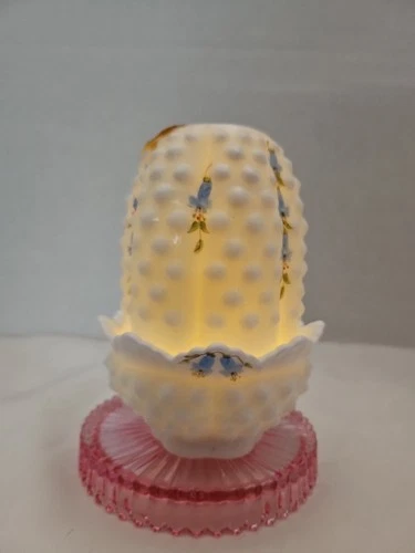 Fenton Milk Glass Hobnail Fairy Lamp Light Candle Bluebell Flowers Vintage Exc!