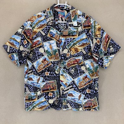 Reyn Spooner Aloha Hawaiian Shirt Mens Large Woodie Cars Beach Scene Button Up