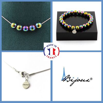 Bracelet Perles Hématite Multicolore 8 Mm - Fabriqué En France - Neuf Avec étiquettes - Pierre Naturelle