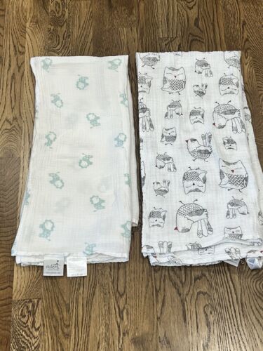 2 Aden and Anais Cotton Gauze Baby Blanket Wraps green birds lion owl - Picture 1 of 6