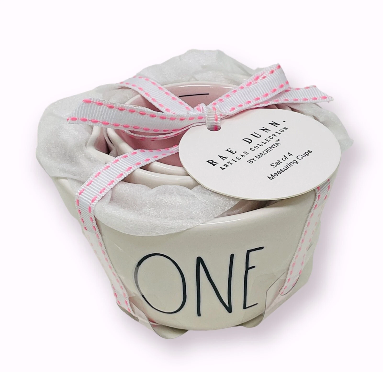 Rae Dunn ONE HALF THIRD QUARTER Pink Inside Measuring Cups Set Spring 2023