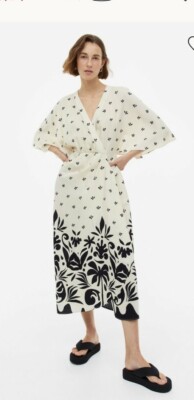 h&m cream wrap dress H&m Dress Women Lg Cream Midi Patterned Butterfly Sleeve Faux Wrap