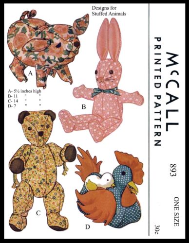 McCall's 893 Sewing Pattern Bear Bunny Hen / Chick Pig Stuffed Animal Toy 5.5-14 - 第 1/2 張圖片