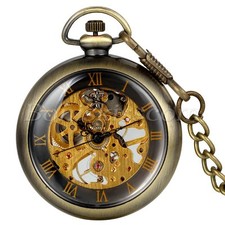 Vintage Antique Steampunk Transparent Hand-wind Mechanical Pocket Watch Necklace