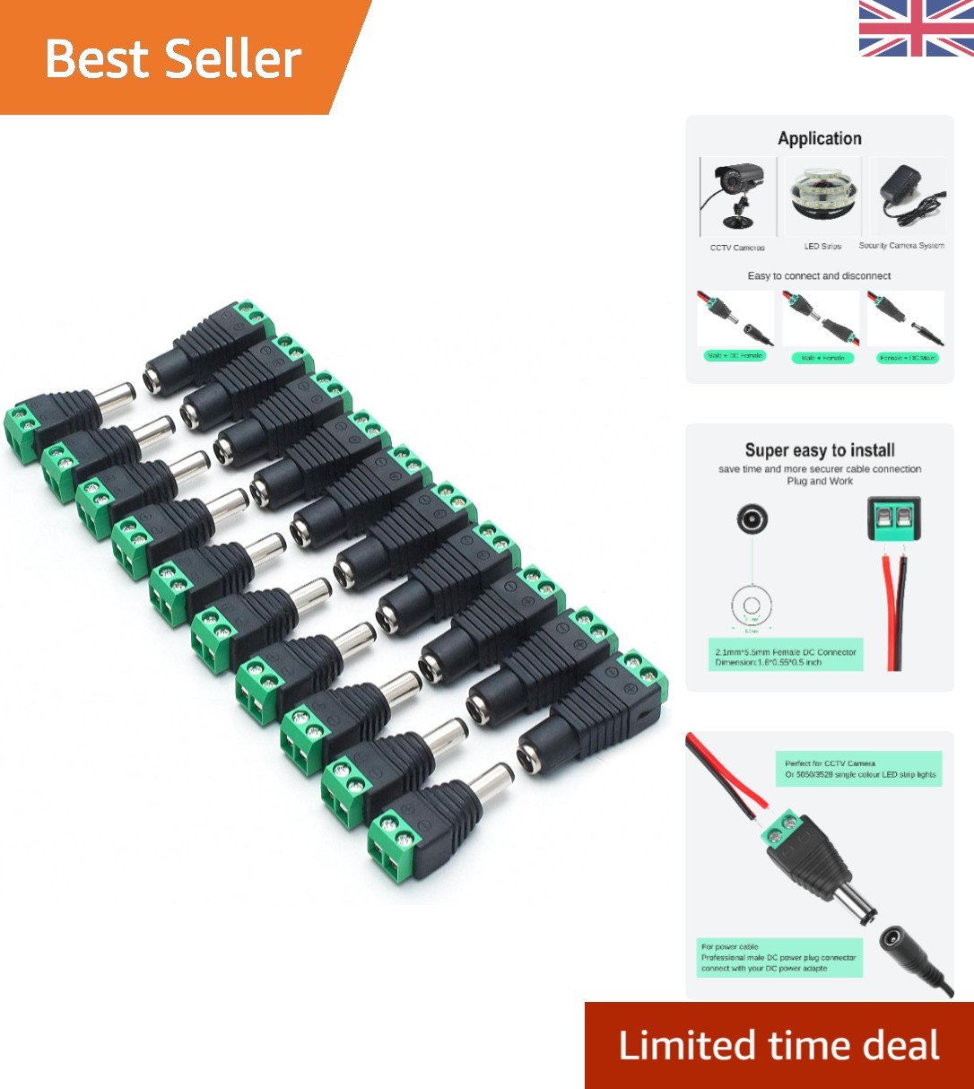 10 Pair 5.5X2.1mm Barrel DC Power Adapters for Reliable CCTV & LED Connections