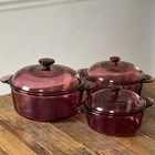 New ListingSet Of 3 Vintage Visions Corningware Pyrex Cranberry Glass Lidded Cookware