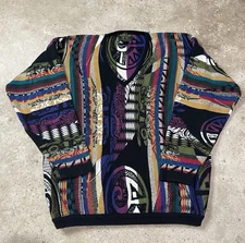 Vtg Tosani Sweater Coogi Style Colorful Pullover Cotton Large Vneck Aztec 90s