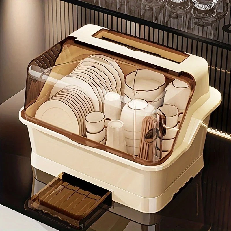 Dish Rack with Lid Dustproof Kitchen Counter Storage Organizer Cabin Drainboard