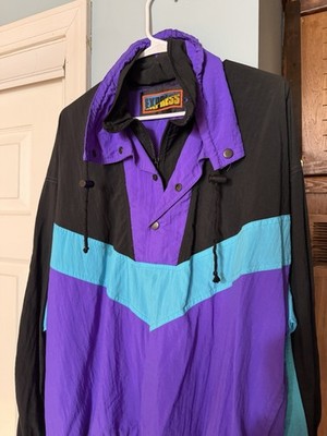 Express Mens Colorblock Hooded Half Zip Windbreaker Jacket Purple Black Blue L