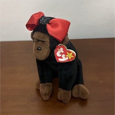 Ty Beanie Babies Chimp Plush Monkey w/ Red Bow Retired 1995 MPN 4041