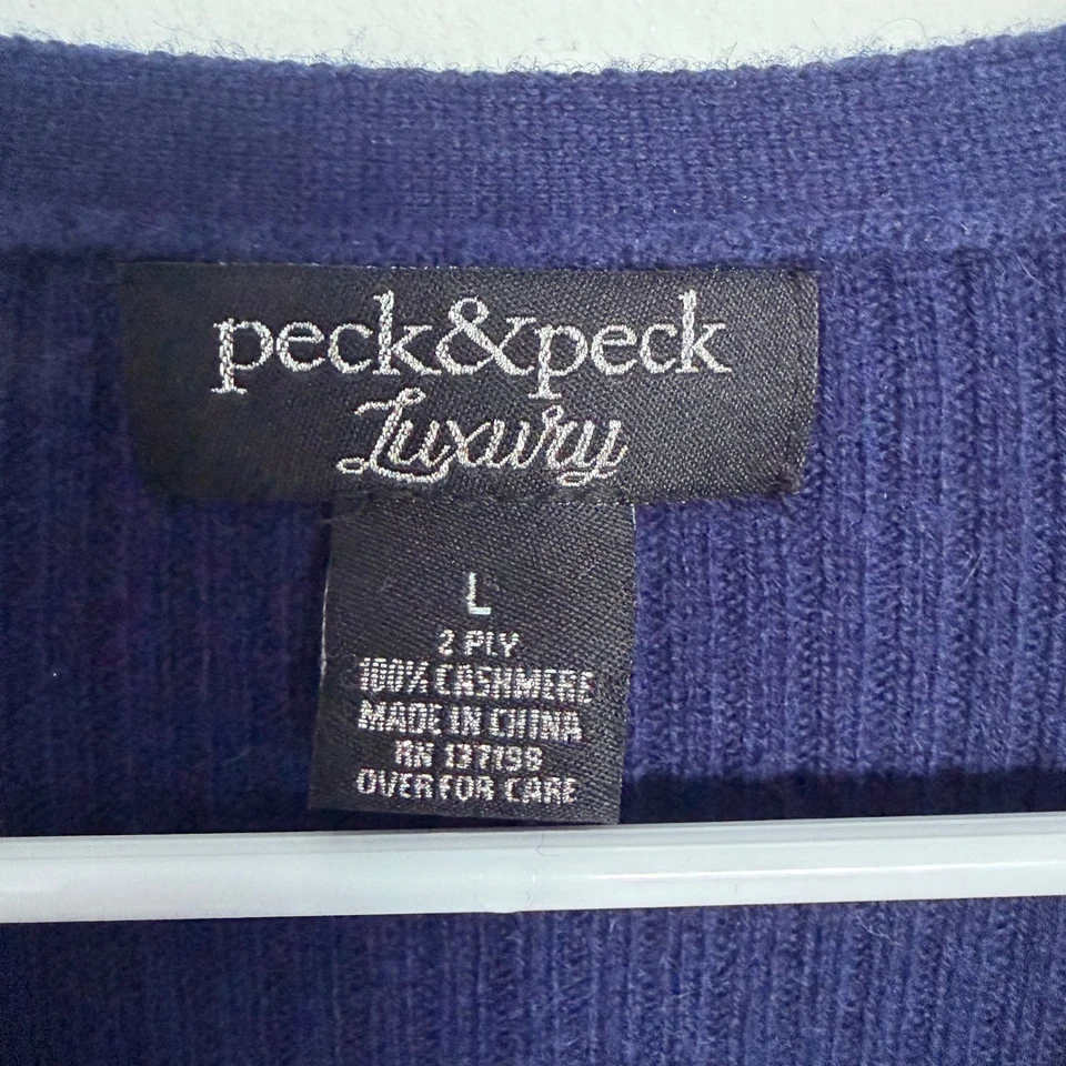 Suéter de cachemir acanalado con cuello en V azul marino de lujo Peck & Peck para mujer talla L Foto 4 de 4
