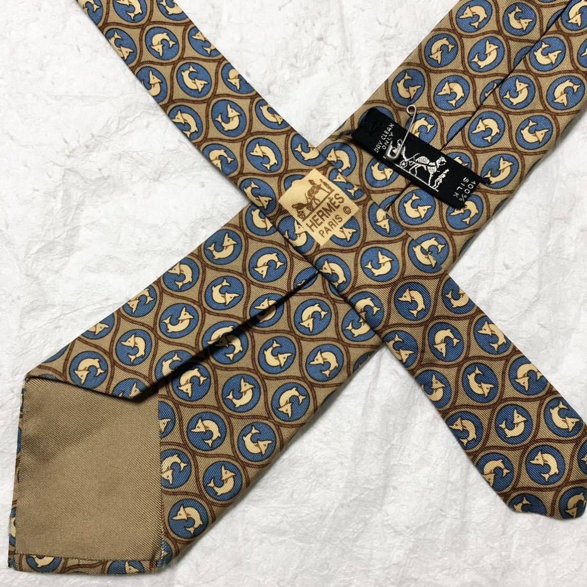 HERMES tie checkered pattern fish pattern silk be… - image 4