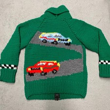 Vintage Cowichan Sweater Youth S/M Green Cars Racing Zip Chunky Knit