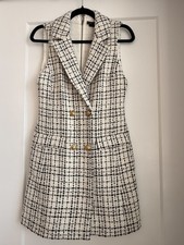 Alice + Olivia Jordy Double Breast Tweed Tuxedo Dress White Black Gold Size 4