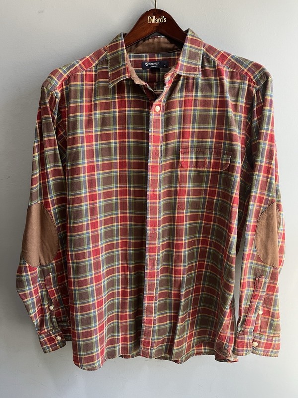 Colorful Plaid Men’s Long Sleeved Cremiex Button Up Shirt with Brown Elbow Pads
