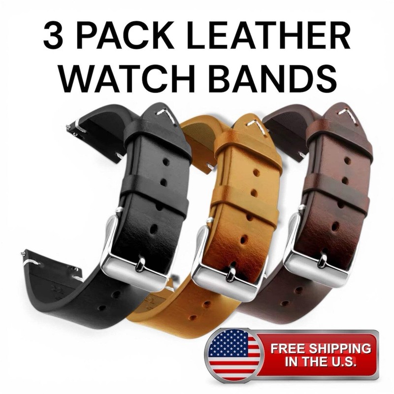 20mm Vintage Leather Watch Bands Brown Black Replacement Strap 3 Pack