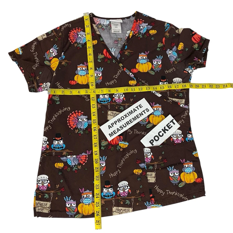 Blusa Médica Scrubstar Pequeña Mujer Acción de Gracias Búho Pavo Cosecha Veterinario Foto 3 de 4