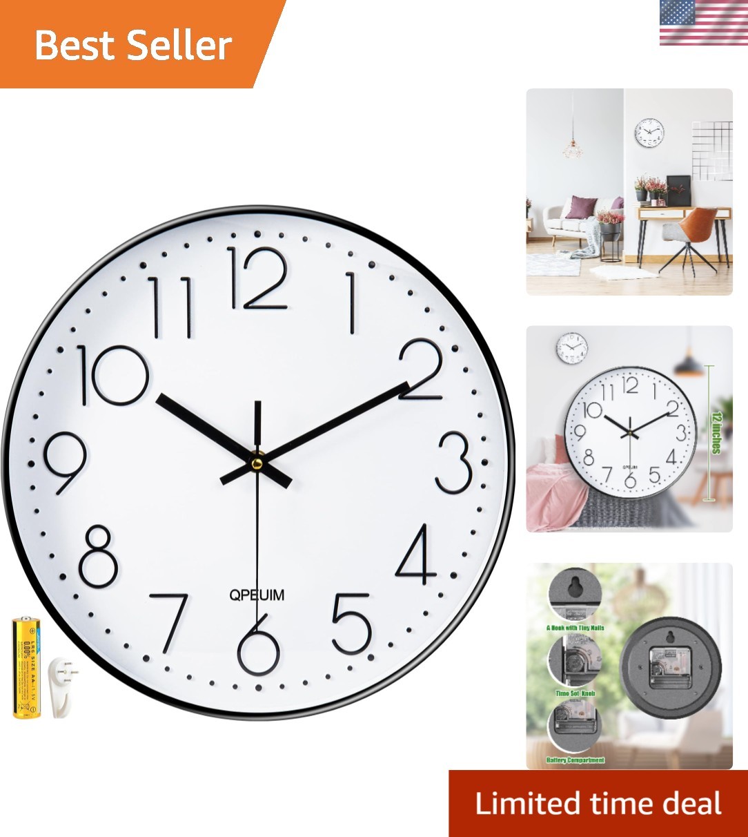 Modern Non-Ticking 12-Inch Wall Clock with Calendar Display - Battery Included