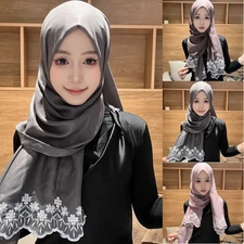 Fashion Flower Embroidery Head Wrap Hijabs Scarf Solid Color Wrap Bonnet Scarves