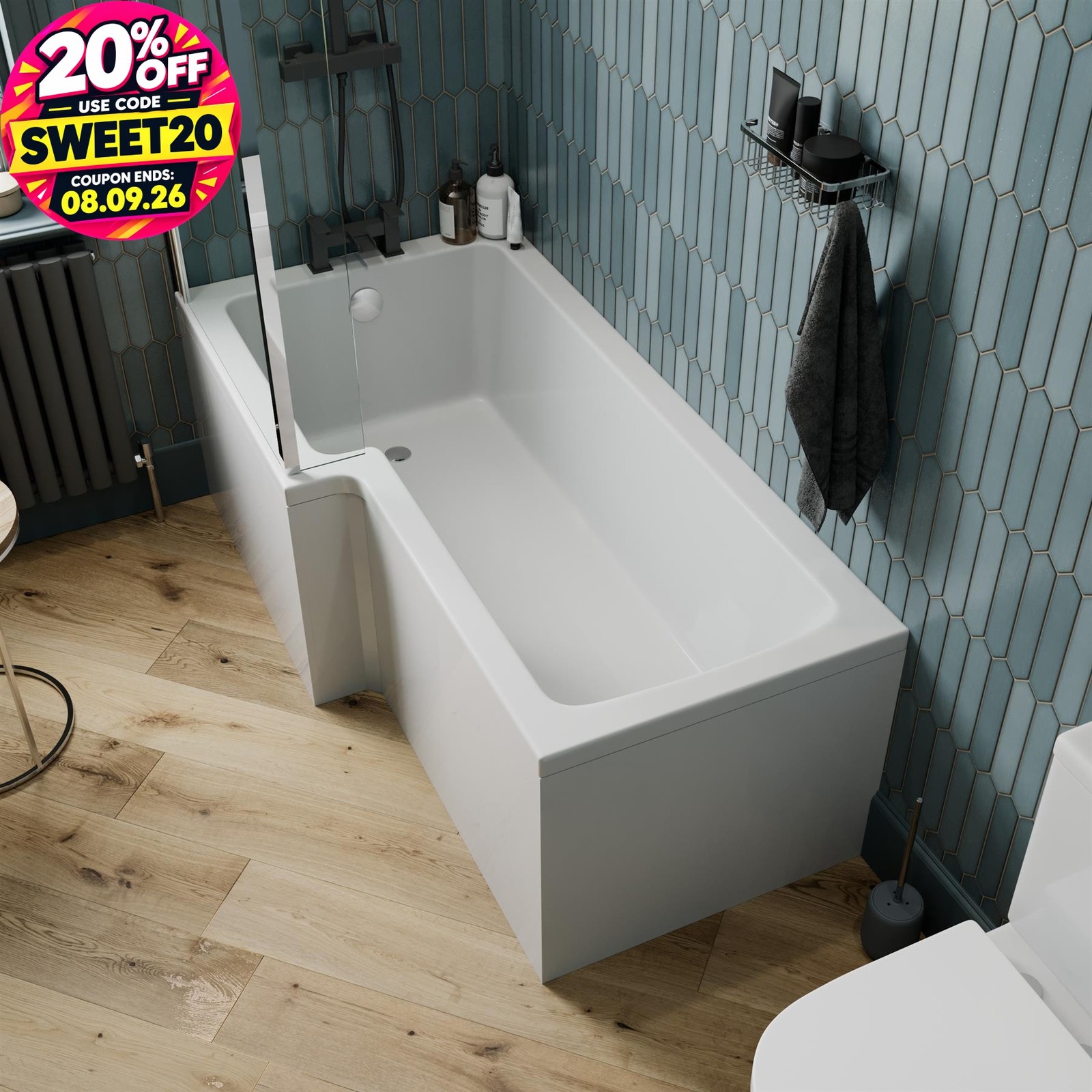 1600mm L Shaped LH Shower Bath Bathtub Screen Front Side Panel Acrylic Bathroom