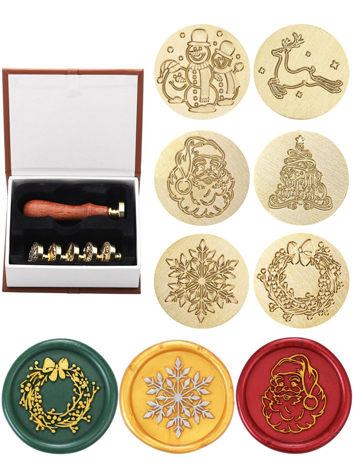 Christmas Wax Seal Stamp Gift Box Kit, 6pcs Sealing Wax Stamp Heads with 1 Wo...