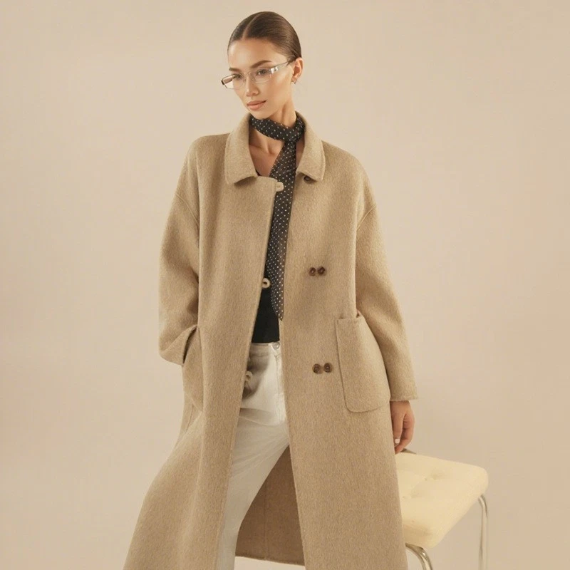 Gabardina informal de lana de doble cara larga con cuello de solapa para mujer Foto 4 de 4