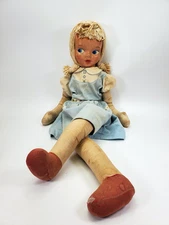 Vintage Mid-Century Polish 40"L Rag Doll Cloth Body Celluloid Face Yarn Hair