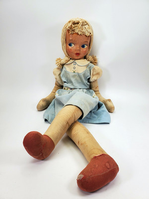 Vintage Mid-Century Polish 40''L Rag Doll Cloth Body Celluloid Face Yarn Hair