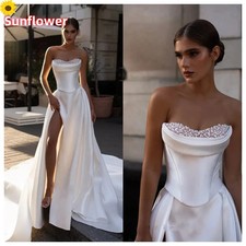 Elegant Satin Pearls A Line Wedding Dresses Off Shoulder Split Side Bridal Gowns
